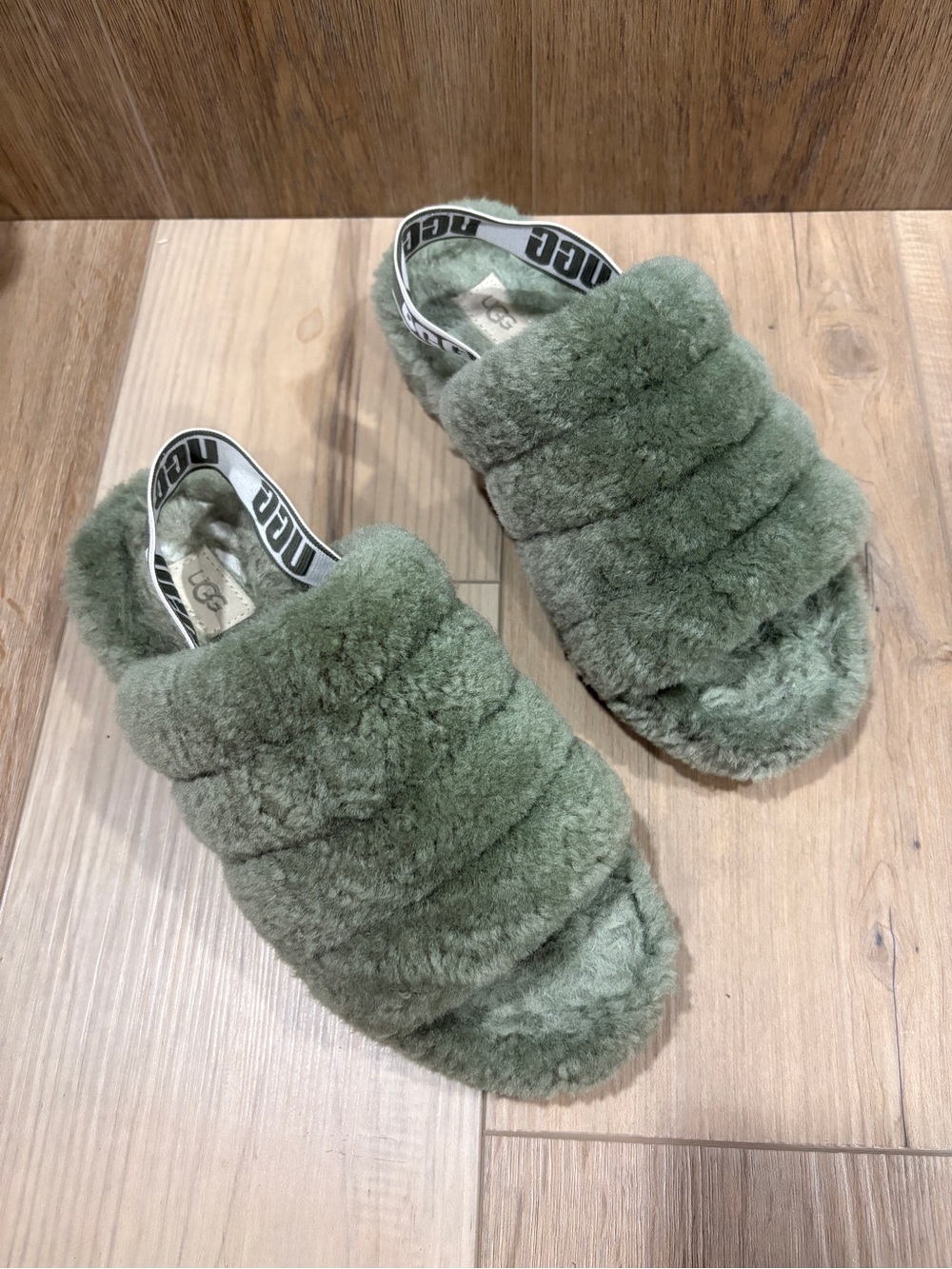 UGG Fluff Yeah Slide Plush Shearling Slingback Sandals Burnt Olive Sage Green 8